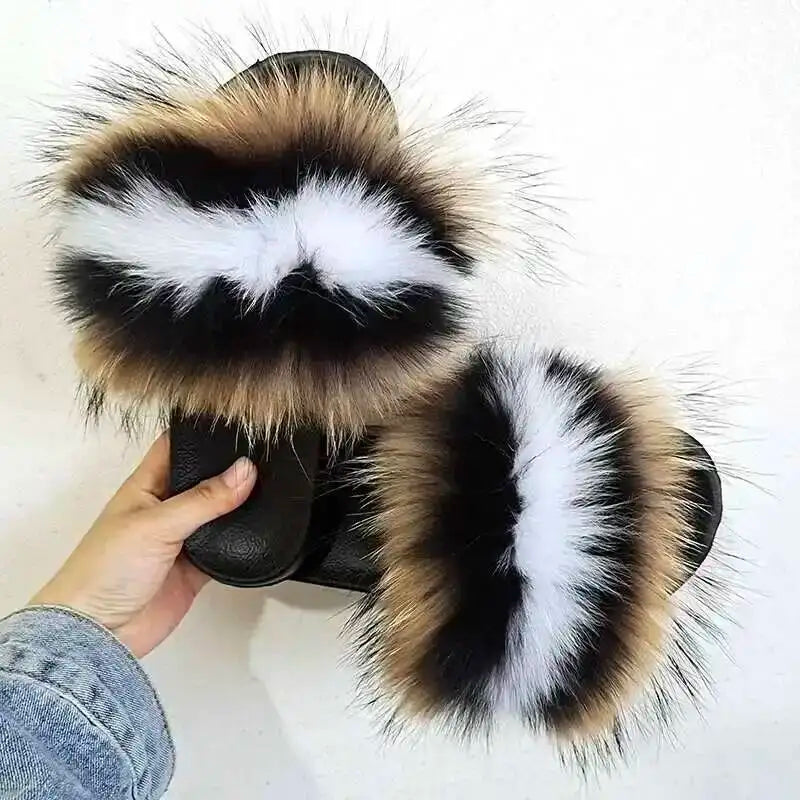 Real Raccoon Fur Slippers For Women 2026 Summer Fluffy Indoor House Fuzzy Flat Slides Outdoor Fashion Beach Sandals Flip Flops