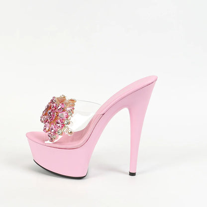 Luxury Rhinestones Transparent Slippers Women Platform Thin High Heels Model Catwalk Sandals 15CM Summer Night Club Stage Shoes