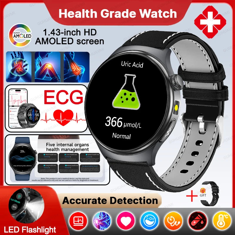 New Upgraded Heart Health Check Smart Watch Uric Acid Five Organ Examination Blood Pressure BT Call ECG smart watches Man 2026