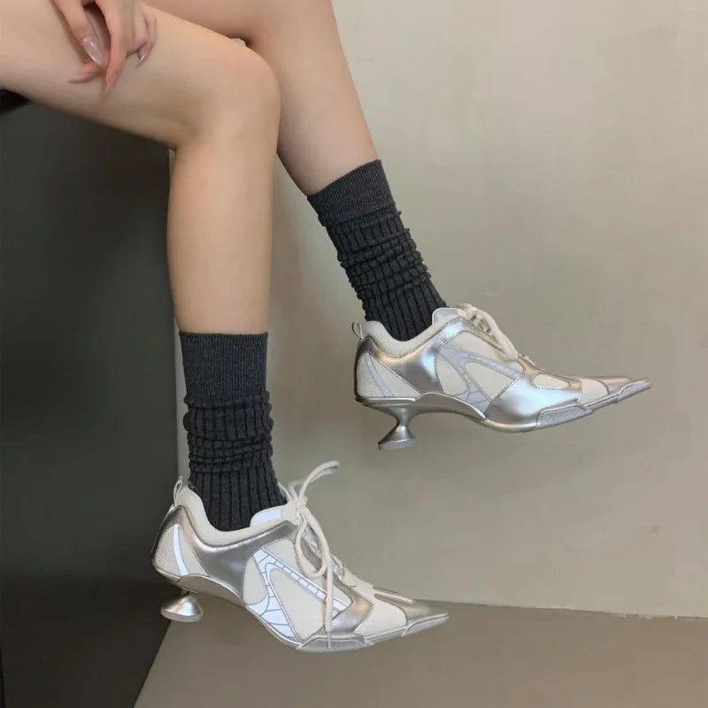 Silver Lace-up Sports Heels Women Fashions Pointed Toe Strange Style Mesh Sneakers Elegant Punk Shoes Female Luxury Brands Pumps