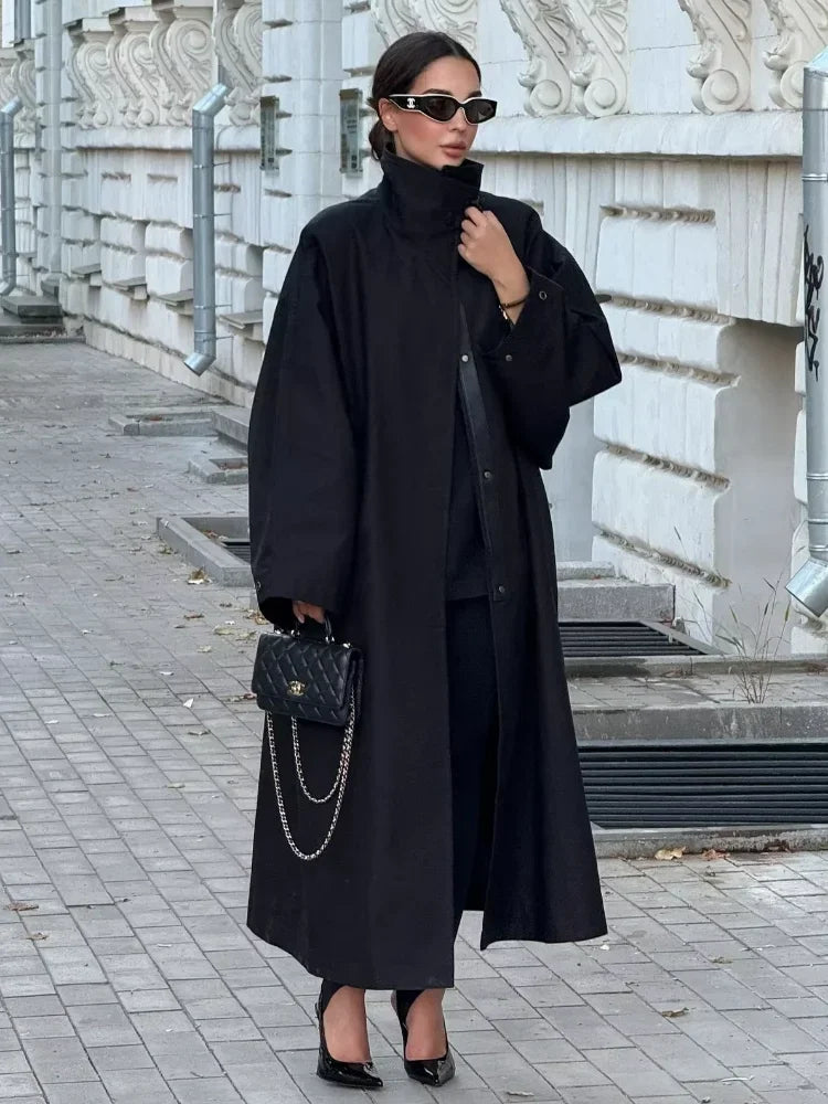 Black Stand Collar Trench Coat Women Casual Long Sleeve Single-breasted Loose Windbreaker 2026 Lady Autumn High Street Outwear