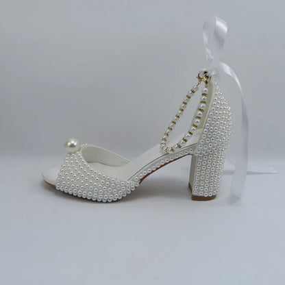 2024 New Customized White Women's Sandals Bridal Shoe Bag Set Women's Coarse Heel Big Pearl Women's Fashion Sandals Party Shoes