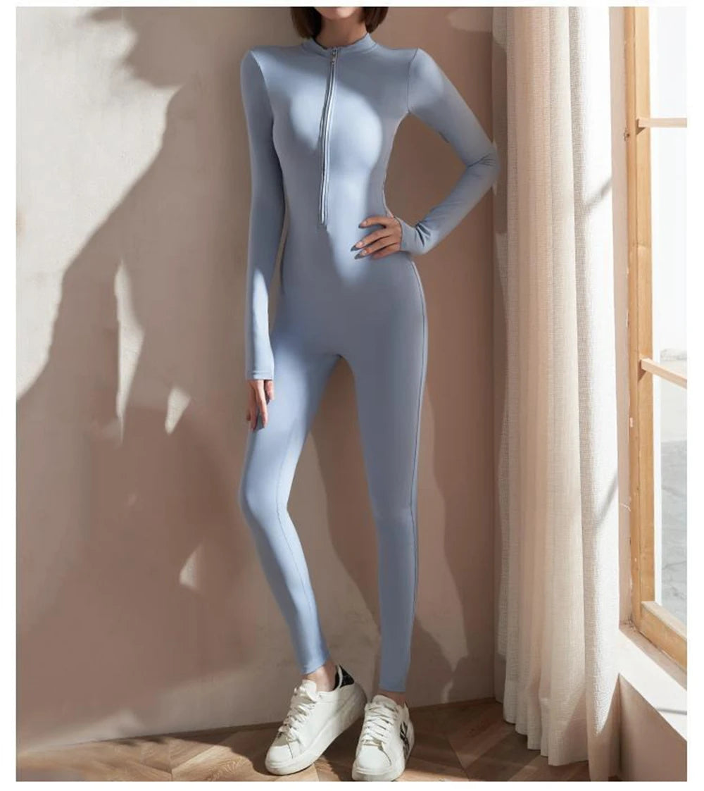 Womens Yoga Jumpsuits Long Sleeve Thin Slim Fit Stretch One Piece Playsuits Romper Sexy Fitness Female Basic Zipper Sportwears