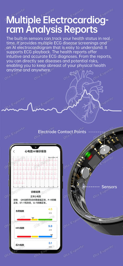 AI ECG Detection Smart Ring 2026 Blood Pressure Heart Rate Body Temperature Monitoring 5ATM Waterproof Multiple Sport Smartring