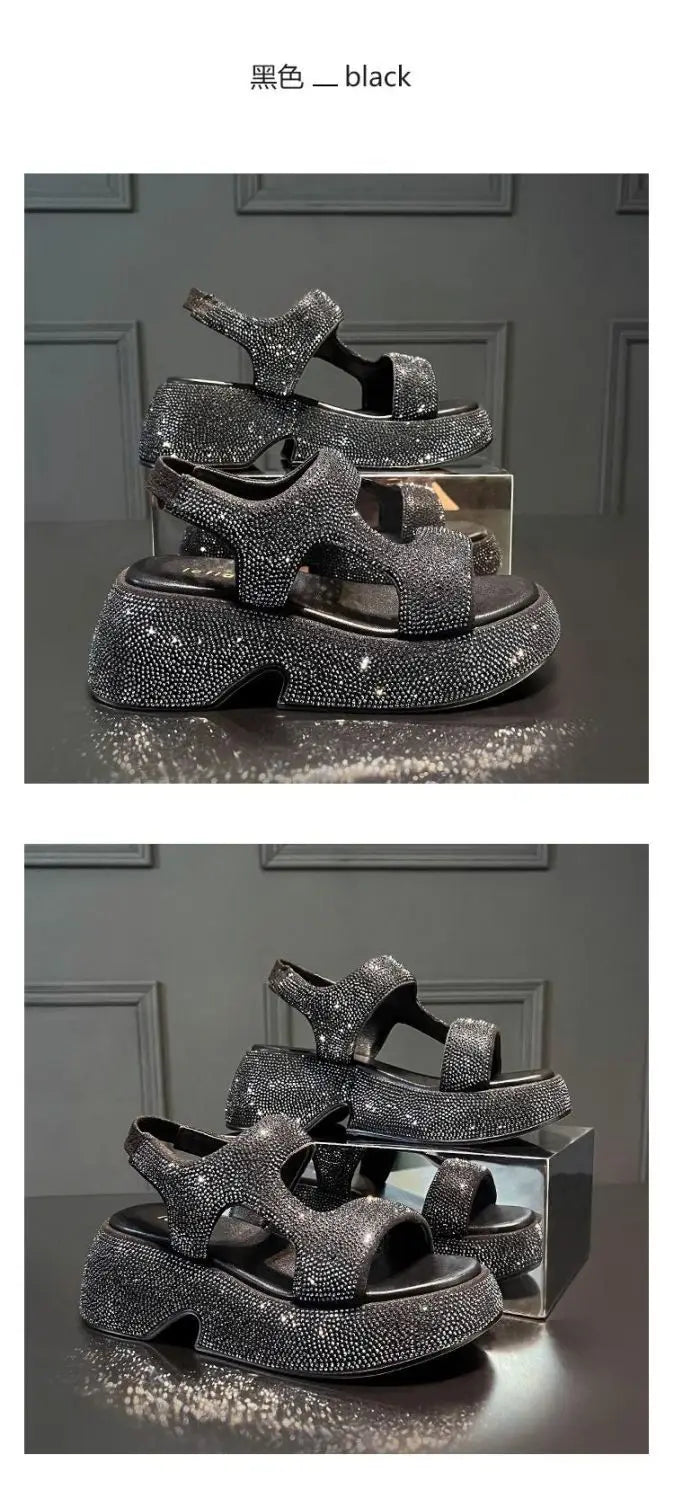 Fashion Luxury Rhinestone Women Sandals Summer New Sheepskin Elastic Band Thick-soled Open-toed Roman Flat Sandals