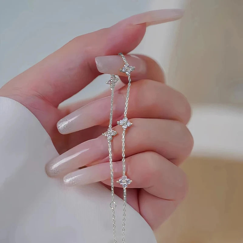OXTAO Mini Four-Leaf Charm Necklace for Women 14K Gold Filled D VVS1 3mm Moissanite Flower Clover Necklace Luxury Jewelry Gift
