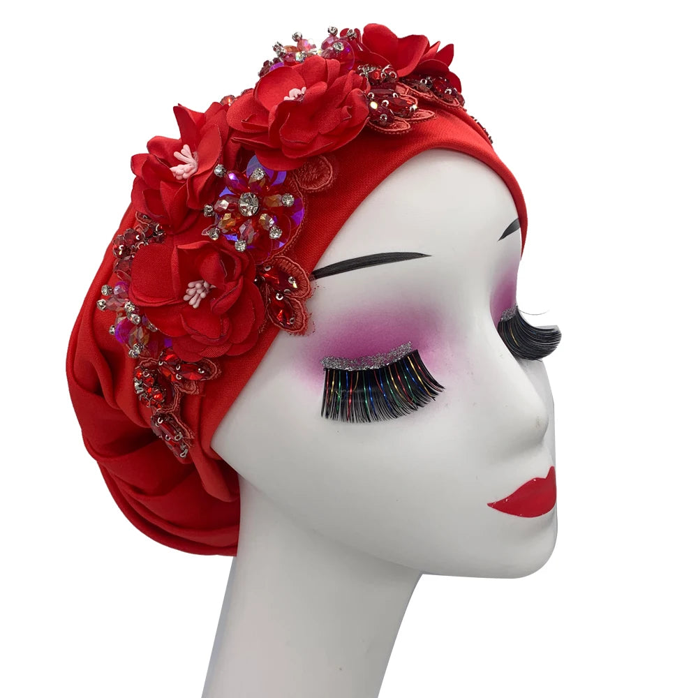 Elegant Flower Diamonds Women's Turban Cap African Party Headwear Hat Lady Head Wraps Muslim Headscarf Hats Turbante Mujer