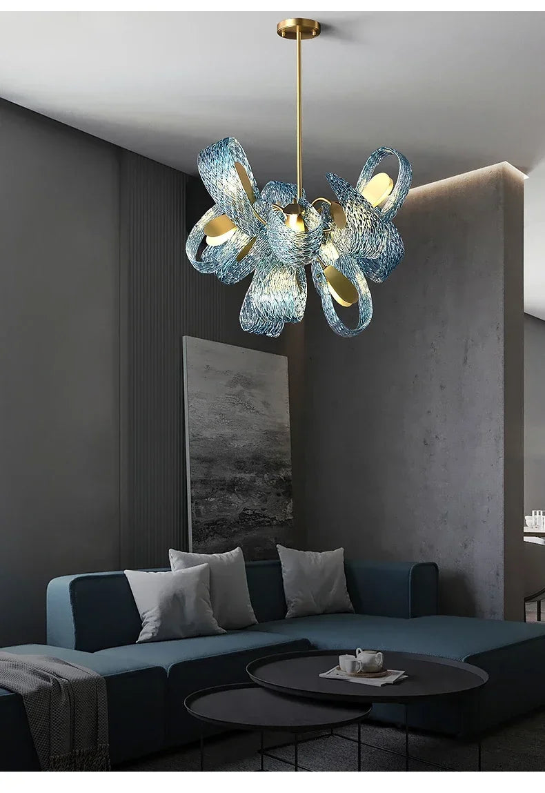 Modern Blue Glass Led Pendant Lamp Copper Designer Hanging Chandeliers for Living Room Bar Bedroom Suspension lustre Lights