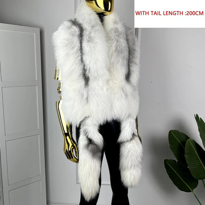 Winter Genuine Fox Fur Shawl With Tail Fur Shawl For Men Long Natural Cross Fox Fur Scarf High Quality Real Fur Scarf