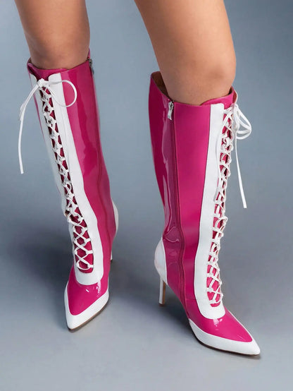 Cross Tied Sandals Boots Pointy Toe  Buckles Straps Knee High Boots Summer Women Sexy Shoes Lace Up Stiletto Heels 44