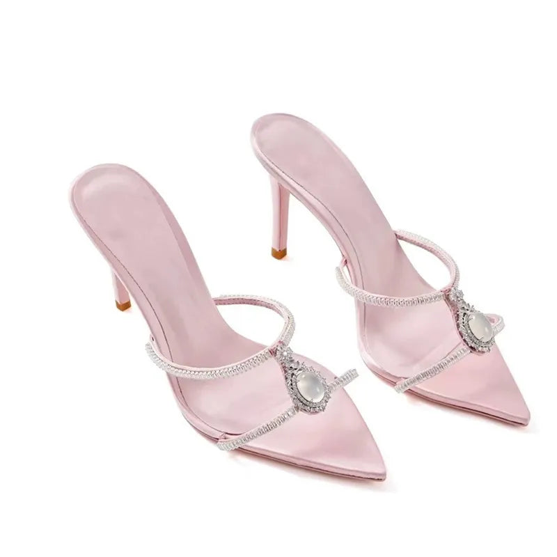 Luxury Rhinestones Gem Narrow band Women Slipper Sandals Elegant Pointed toe Thin High heels Mules Slides Fashion Party Shoes