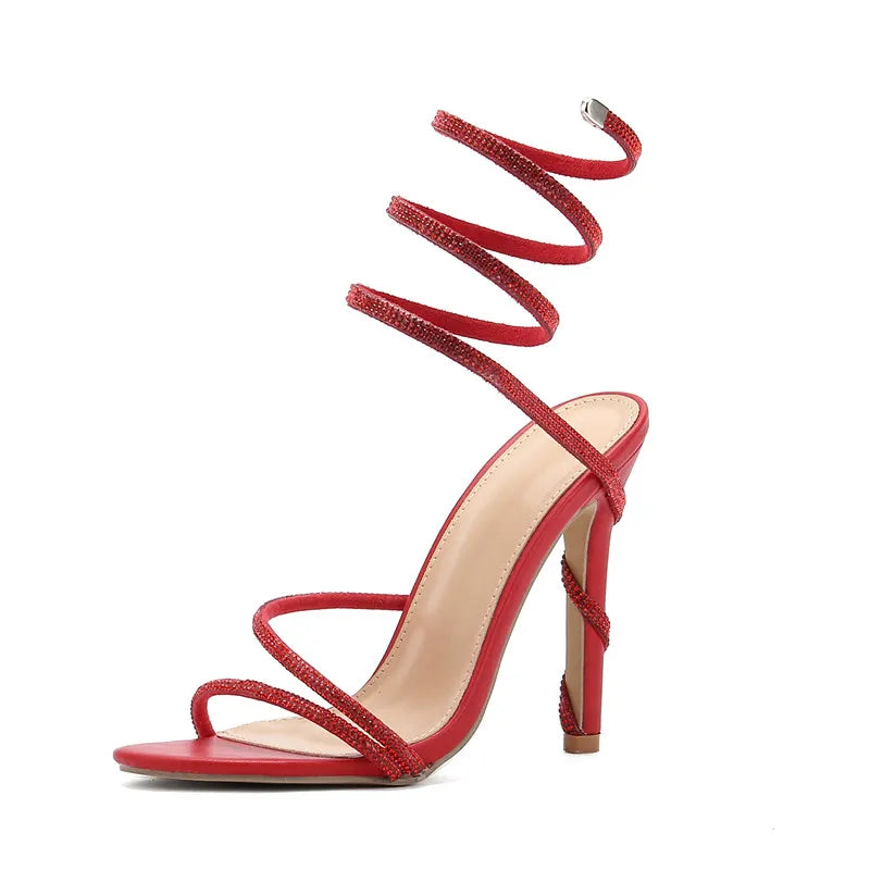 Luxury Crystal Snake Coiled Women Sandals Sexy Narrow band Thin High heels Wedding Party Female Gladiator Sandals Summer Shoes