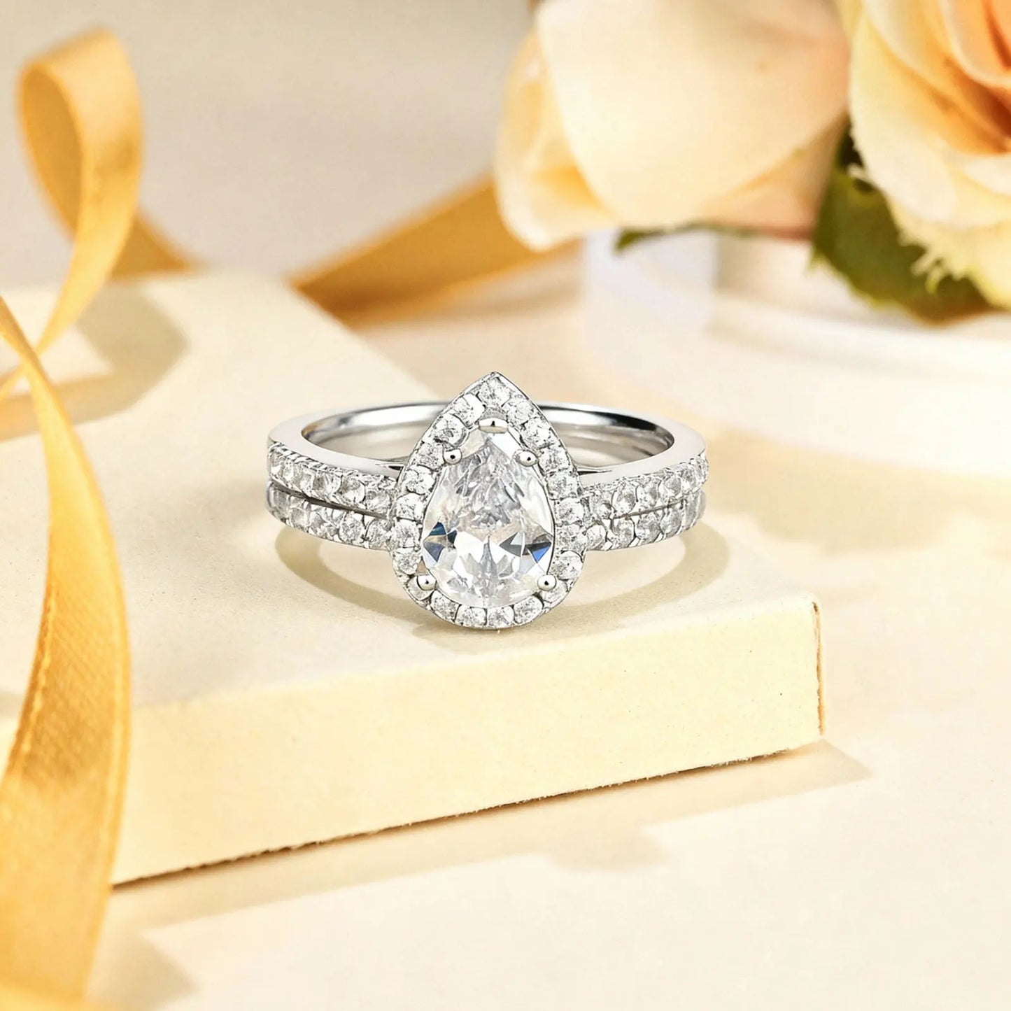 Newshe 2 Pieces Certified Full Moissanite Pear Wedding Ring Sets for Women Solid 925 Sterling Silver Bridal Luxury Jewelry