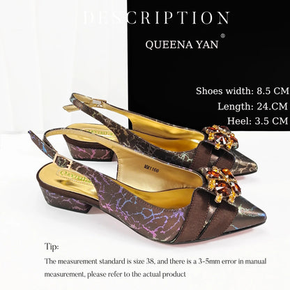 QueenaYan 2026 New Summer Collection Stylish Italian Women’s Shoes and Bag Set Gold Colour Comfortable Low Heels With Rhinestone