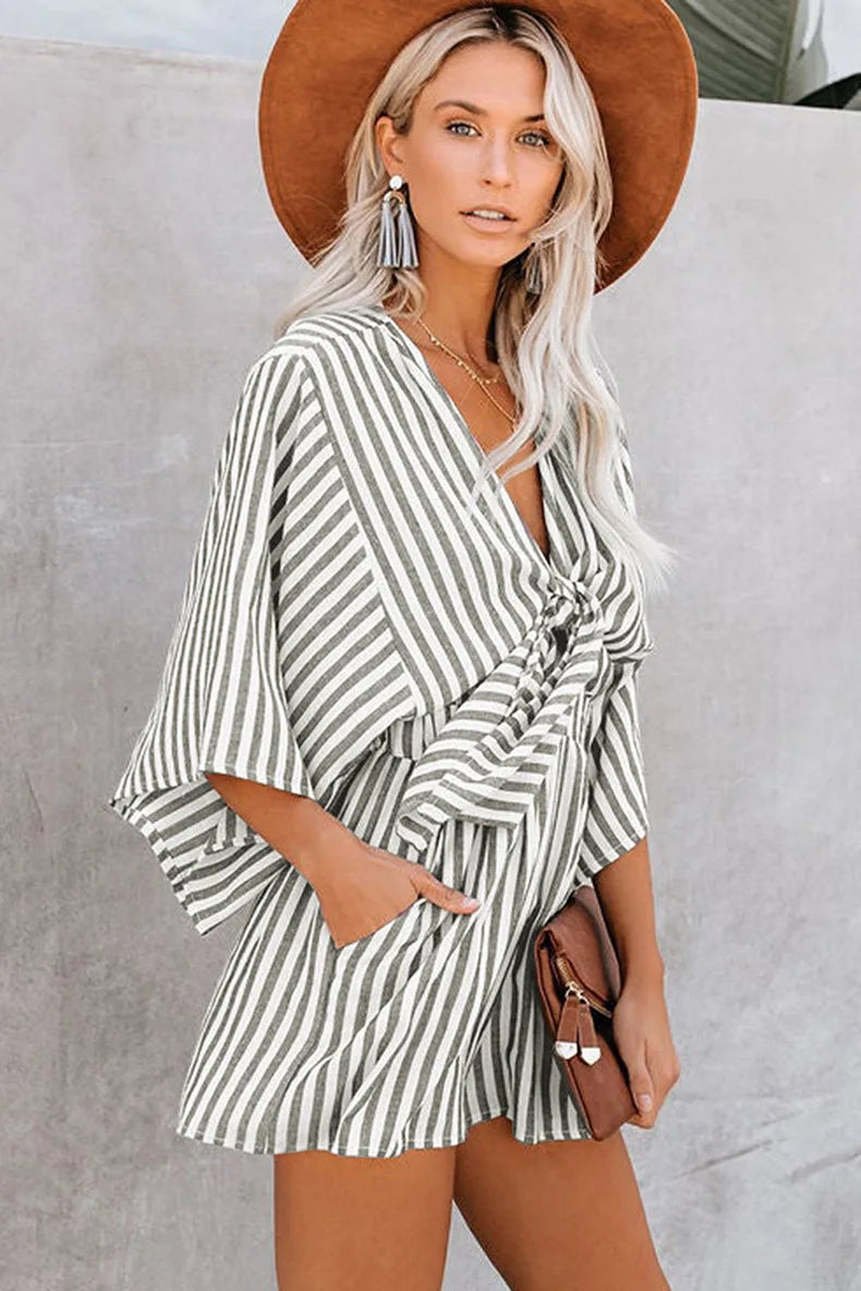Womens Sexy Deep V-neck Romper Summer Loose Stripe Playsuit Ladies Fashion Holiday Pants Beach Lace Up Jumpsuit Ropa Mujer 2024