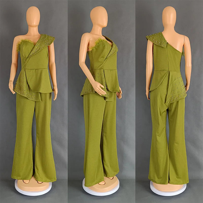 Women Jumpsuit One Shoulder Feather Diamond Peplum Party Fashion Female One Piece African Event Occasion Rompers New Summer 2024