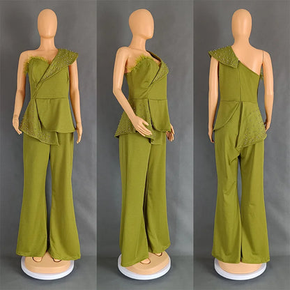 Women Jumpsuit One Shoulder Feather Diamond Peplum Party Fashion Female One Piece African Event Occasion Rompers New Summer 2024