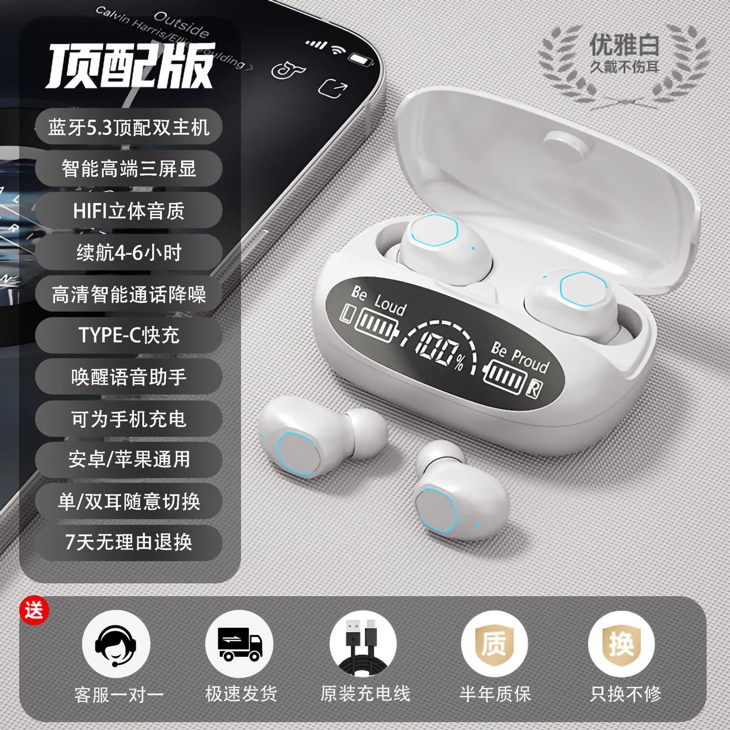 Wireless Bluetooth Earbuds Touch Control Headphones Noise Reduction Power Display Earphones for iPhone In Ear TWS Headset