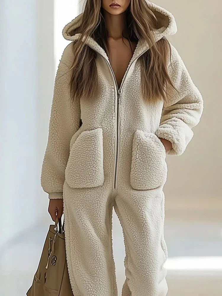 Autumn Winter Women Solid Color Fur Jumpsuits Elegant Long Sleeve Hoodies Playsuits Overalls Fashion Pocket Warm Commute Rompers