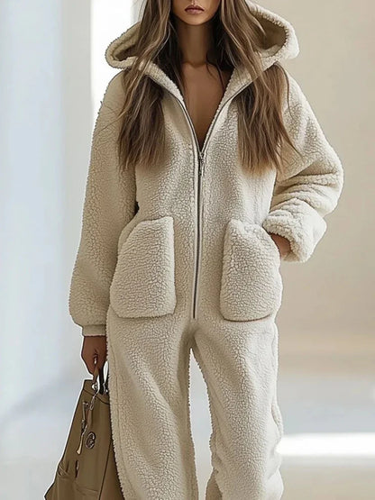 Autumn Winter Women Solid Color Fur Jumpsuits Elegant Long Sleeve Hoodies Playsuits Overalls Fashion Pocket Warm Commute Rompers