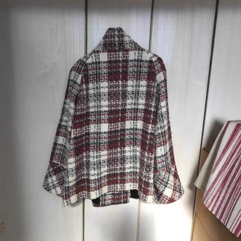 Winter Woole Coats Elegant Warm Plaid Stand Collar Pocket Coat Fashion Loose Coats Versatile Casual Female Jacket New Outerwear