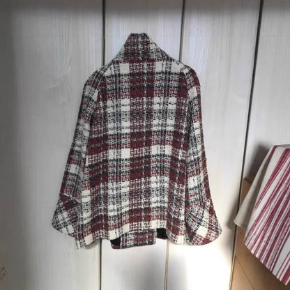 Winter Woole Coats Elegant Warm Plaid Stand Collar Pocket Coat Fashion Loose Coats Versatile Casual Female Jacket New Outerwear