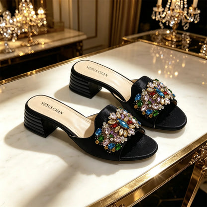 Women Luxury Multicolor Rhinestone Blue Heel Mules Black Satin Open Toe Slip On Sandals Elegant Wedding Evening Party Designer