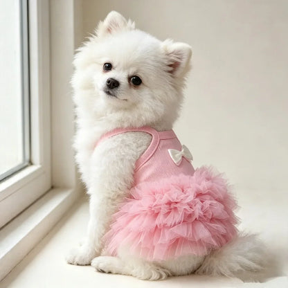 1PC Cute Pink Suspender Dog Tutu Dress With Bow, Breathable Ribbed Pet Princess Tulle Skirt,  Small Dogs & Cats
