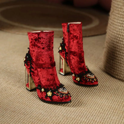 Blue Ladies Party Shoes Velvet Crystal Women's Short Boots For Wedding Plus Size Retro Strange Heels Phoentin FT1671-1