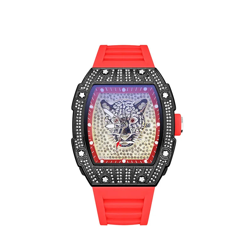 Tonneau Hollow Diamond Leopard Dial Quartz Watch Men Luxury Luminous Fashion Waterproof Rubber Sport Watches Men Steel Men Clock