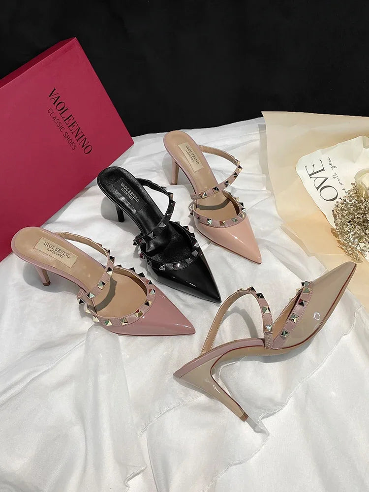 Heeled Sandals Summer Luxury Brand Rivets Women Slippers Fashion Leather Slingbacks Heels Slippers Designer Party Prom Shoes