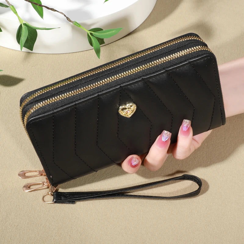 Chic Faux Leather Wallet - Double Zipper Security - Coin Purse & Card Slots - Fashionable Wristband Clutch for Everyday