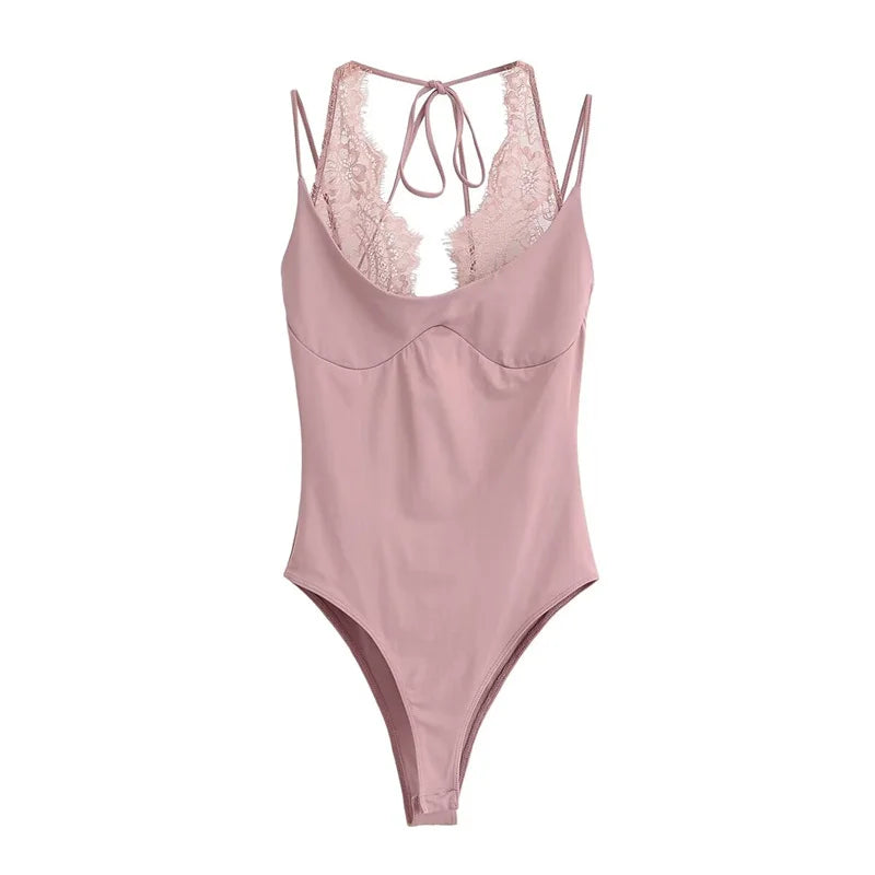Women's Jumpsuit 2026 Spring New Solid Color Halter Neck Lace Splice Sexy Slim-Fit Romper Personalized Fashion