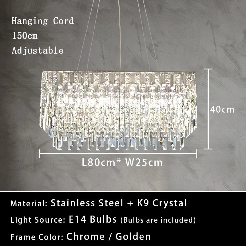 Luxury Crystal Long Pendant Lights Modern Lustres LED Chrome Hanging Lamps for Ceiling Silver Home Decor for Dining Room Remote