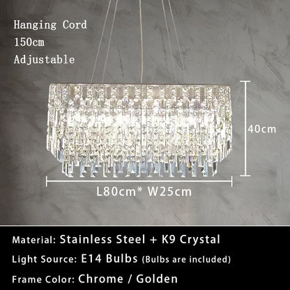 Luxury Crystal Long Pendant Lights Modern Lustres LED Chrome Hanging Lamps for Ceiling Silver Home Decor for Dining Room Remote