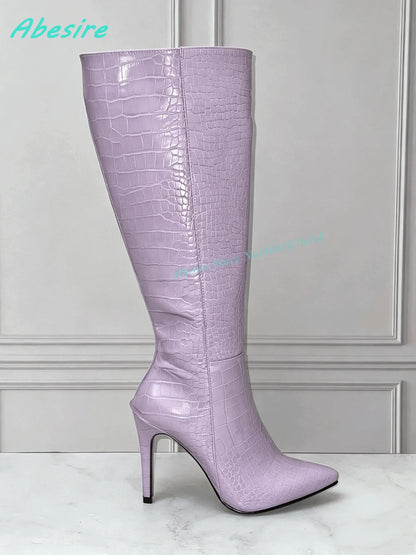 White Faux Fluffy Fur Knee High Boots Pointed Toe Stiletto Heels Side Zipper Women's Boots Spicy Girls Fashion Show Winter Shoes