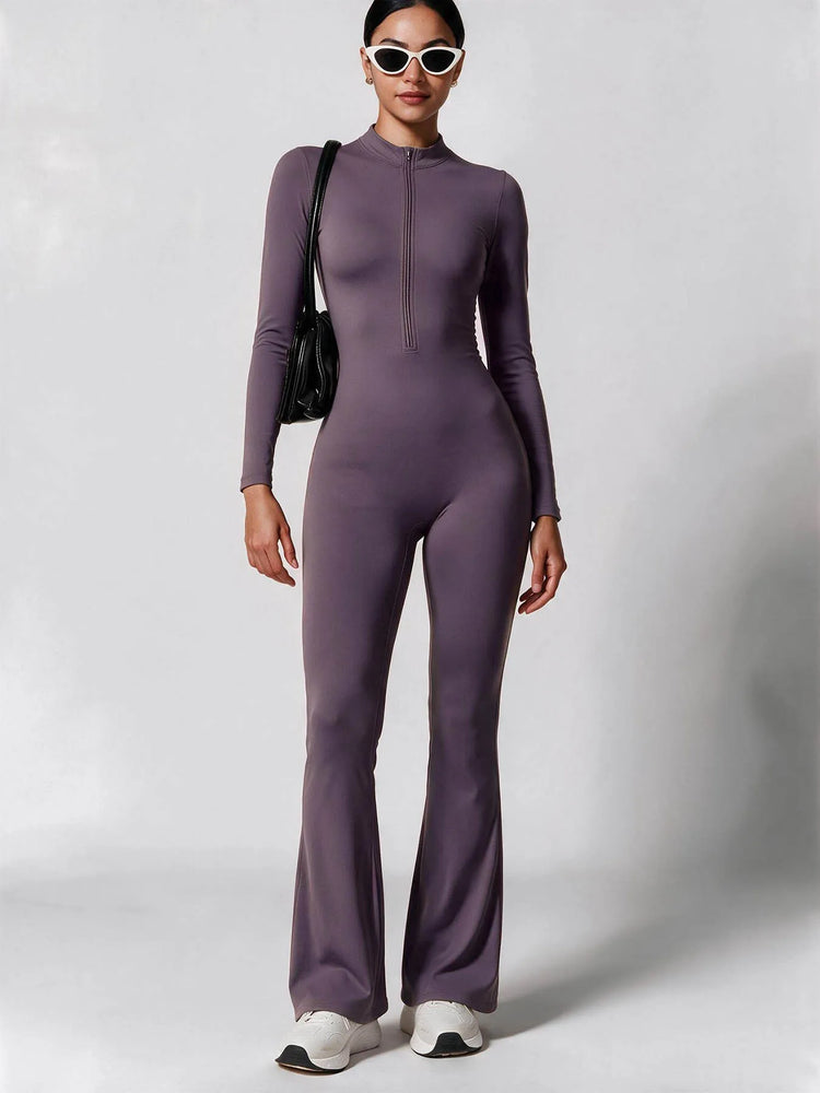 Elegant Zip-up Long Sleeve Sports Overalls for Women Autumn Winter Fleece Jumpsuits Ladies Yoga Fitness One Piece Tracksuit