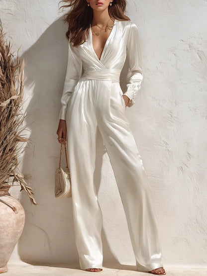 Women Cargo Pants One-Piece Suit Satin Full Long Coverall Rompers Casual Solid Color V Neck Jumpsuit For Work Travel Holiday
