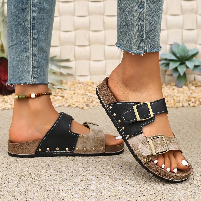 Women's Luxury Metal Buckle Decorated Slippers New Retro Thick-Soled Casual Shoes Summer Outdoor Vacation Beach Slippers Size43