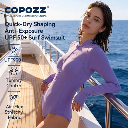 COPOZZ High Neck Swimsuit Women UPF50 Long Sleeve One Piece Rash Guard Swimming Bath Suit Beach Swimwear Female Surfing Bodysuit