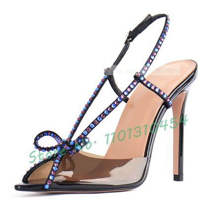 Crystal Bow Slingback Sandals Women Sweet Luxury See-through Pvc High Heels Shoes Summer Peep Toe Elegant Party Clear Pumps