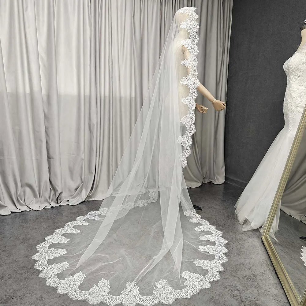 Customized Mantilla Wedding Veil with Eyelash Lace, 2.5m/3m/3.5m/4m Single Tier Long Ivory Bridal Veil with Hidden Comb