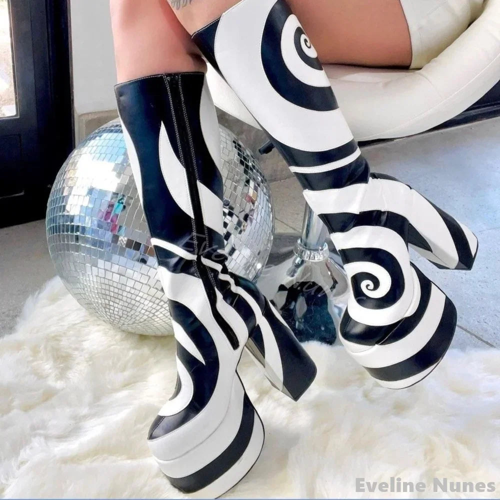 Black White Turbine Pattern Platform Boots Women Round Toe Chunky Heel Side Zipper Knee High Boots 2025 New Design Stretch Boots
