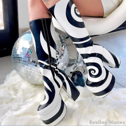 Black White Turbine Pattern Platform Boots Women Round Toe Chunky Heel Side Zipper Knee High Boots 2025 New Design Stretch Boots