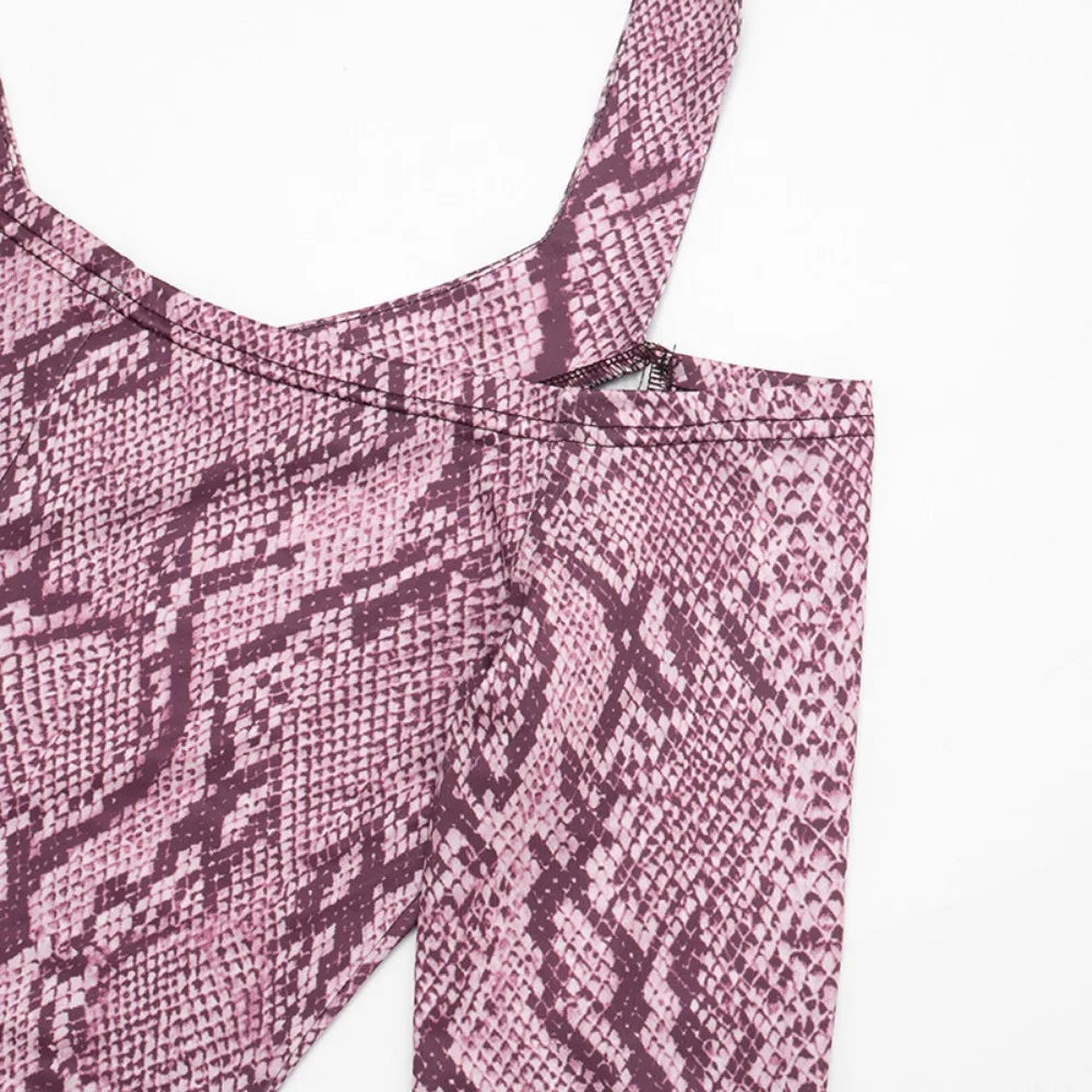 FLARORA Sexy Serpentine Print Jumpsuits Woman Halter Off-shoulder Full Sleeve Skinny Peach Hip Playsuits Hottie Party Clubwear