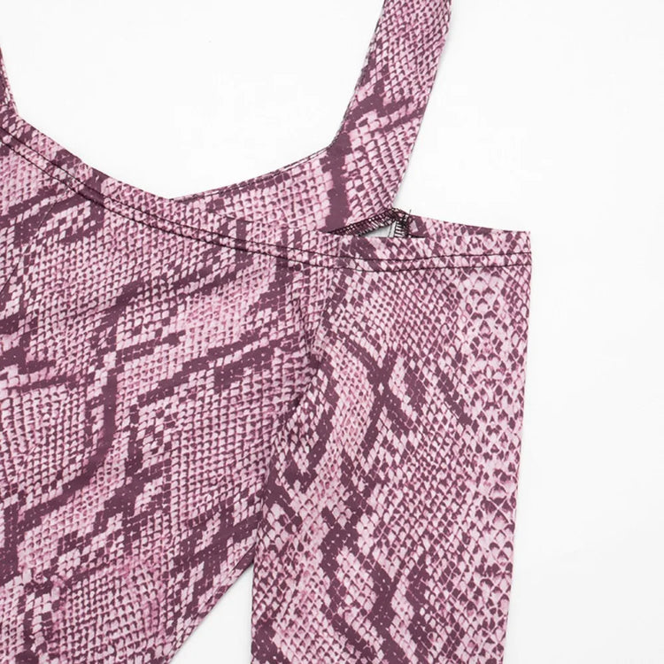 FLARORA Sexy Serpentine Print Jumpsuits Woman Halter Off-shoulder Full Sleeve Skinny Peach Hip Playsuits Hottie Party Clubwear