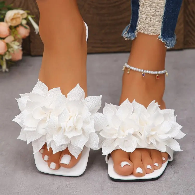 Women Flat Slippers 2026 Summer New Solid Color Sandals Flowers Open Toes Slippers Casual Fashionable Beach Shoes Slides Women