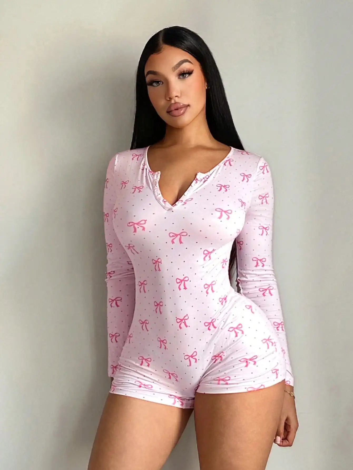 Women's Sexy Casual Pink Polka Dot Bow Print Comfortable Knitted Elastic Jumpsuit Shorts Home Clothes