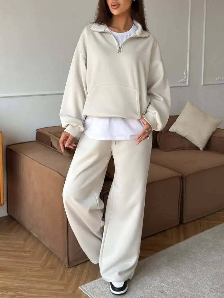 Women 2 Piece Tracksuit Solid Pocket Half Zip Sweatshirt And Jogger Pants Set Autumn Winter Pullover Casual Sports Outfits