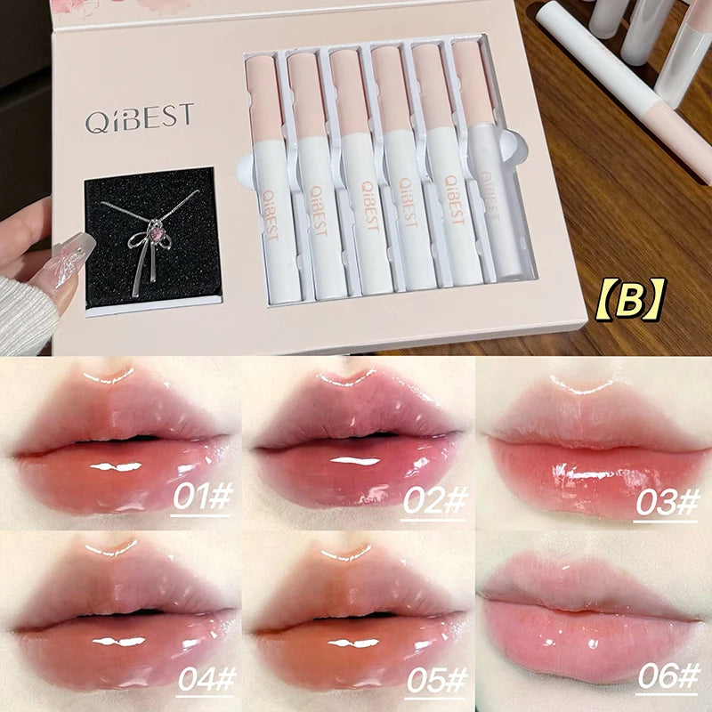 QIBEST 6Pcs/Box Matte Lipstick Sets And Mirror Watery Lip Glaze Lasting Lip Makeup Sets Moisturizing Lipgloss Necklace Gift